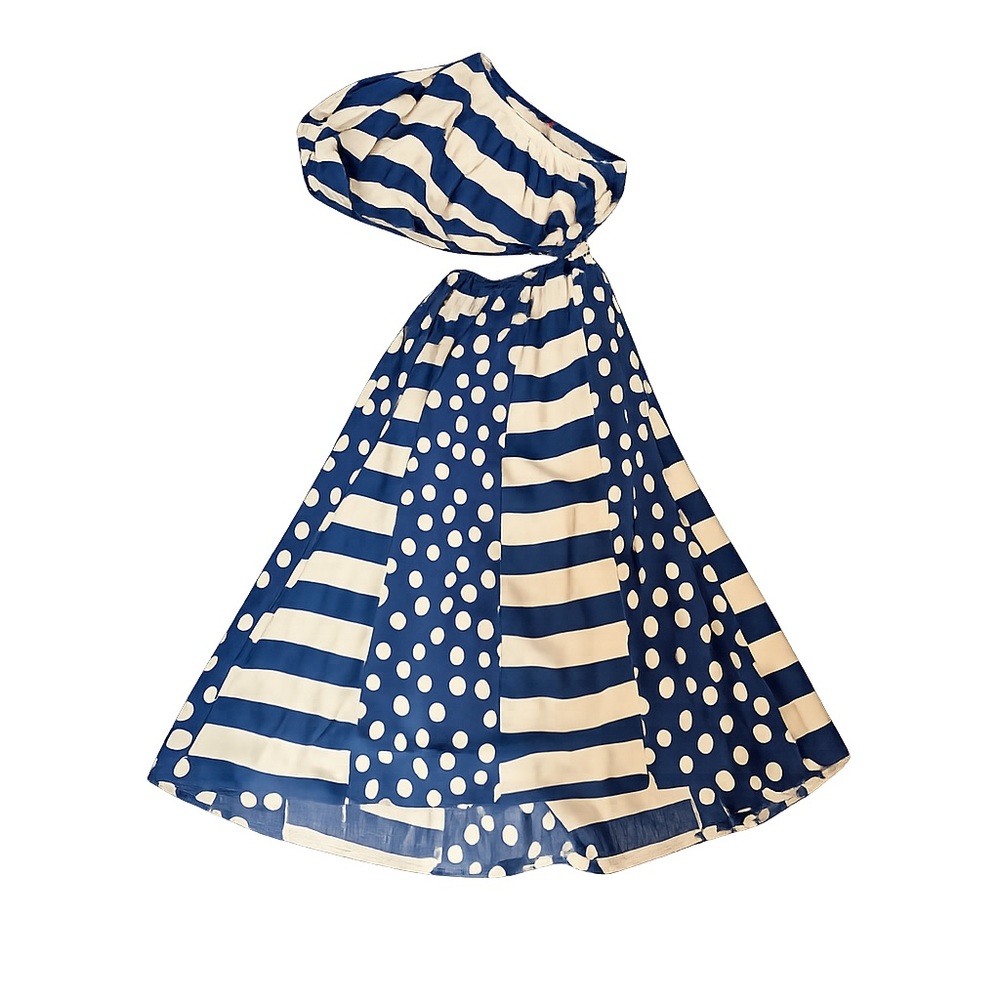 FARM Rio Navy and Cream Polka Dot & Stripe One-Shoulder Dress